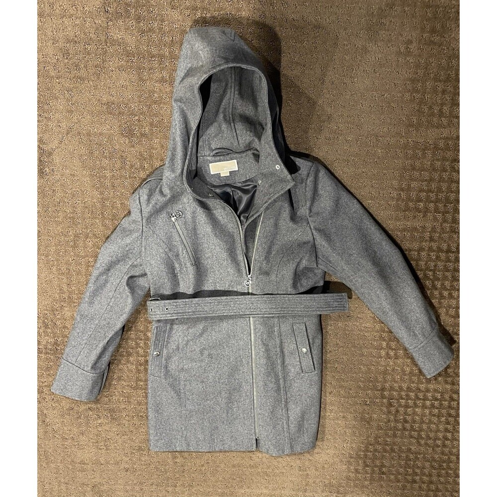 Michael Kors Woman’s Coat Mid Length Wool Hooded Belt Gray Size 12